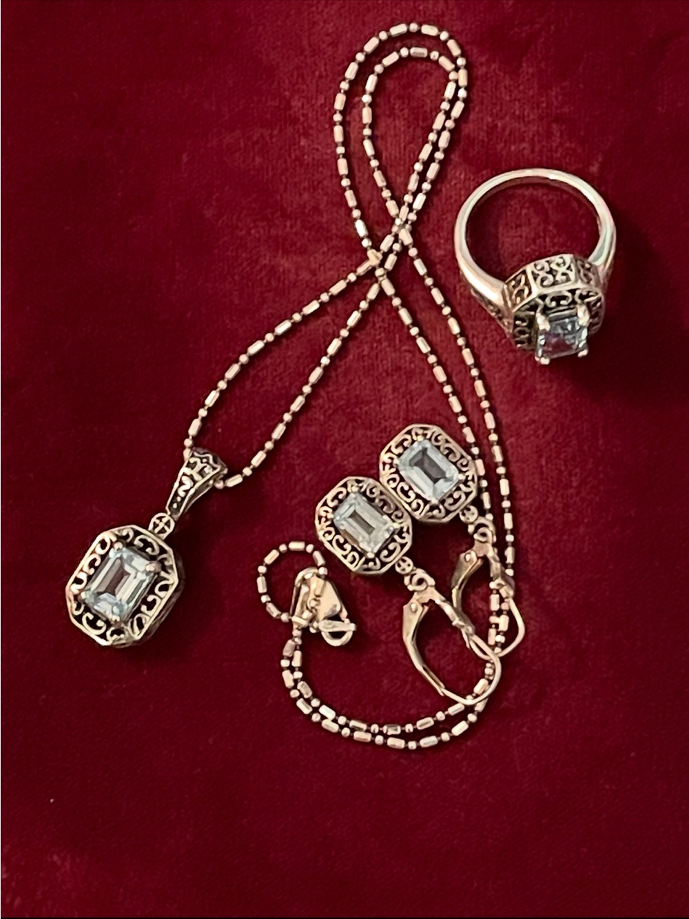 Vintage Avon Blue Topaz 925 Sterling Jewelry Suit Necklace/Earrings/Ring